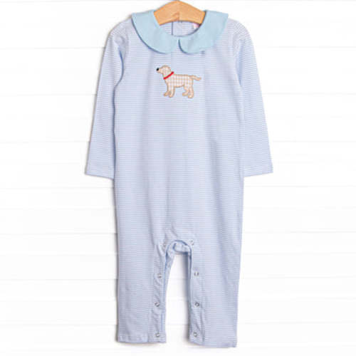 One Lucky Pup Applique Romper, Light Blue Stripe – Stitchy Fish