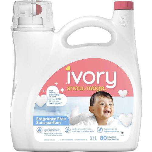 Ivory Snow Baby Laundry Detergent Liquid, Fragrance Free Hypoallergenic Detergent, 3.4 L, 80 Loads