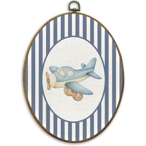 CUANFDDSF Airplane Nursery Oval Wall Art Decor, Kids Room Wall Hanging Decor, Blue Striped Airplane Vehicle Framed Canvas Prints for Kids Toddler Boy Nursery Room Bedroom Playroom, 8.6x11.4 Inch