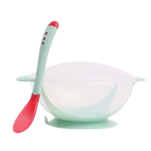 Odeerbi Baby Bowls And Spoons Set Suction Cup Sucker Bowl With Thermal Spoon Set Children Plastic Training Bowl Set Green