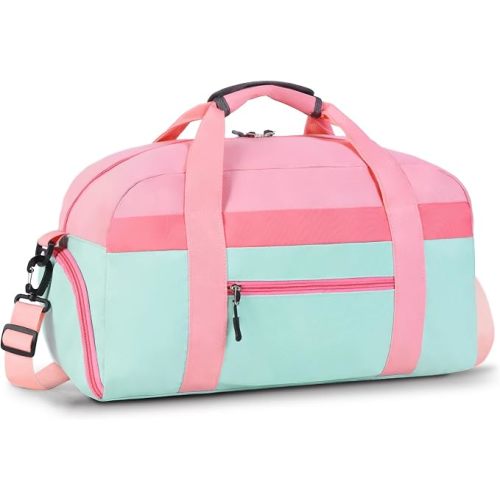 WOOMADA Kids Duffle Bag for Boys or Girls, Kids Overnight Bag with Shoe Compartment＆Wet Pocket, Ideal for School Practice, Sports, Travel(pink green)