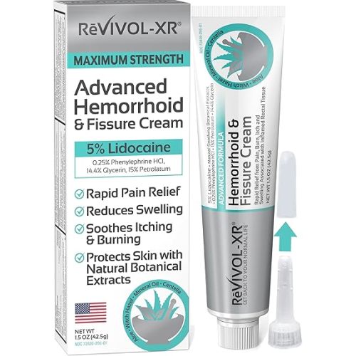 REVIVOL-XR Advanced Hemorrhoid Treatment. 5% Lidocaine + Shrinks + Protects Skin + Aloe + Witch Hazel + Botanicals, External & Internal Use. Most Complete OTC Ointment + Fissure Cream. Made in USA.