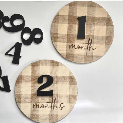 wooden baby milestone discs with numbers baby shower gift wooden monthly markers gingham baby monthly milestone rustic baby milestone signs