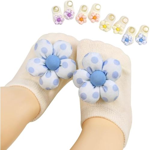 KEAINVRN 4Packs Baby Girls Socks,Flower Non-Slip Grips for Babies Toddler Princess Low Cut Ankle Socks for Girls