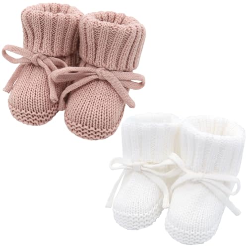 LifeTree Baby Knit Booties-2 Pairs, Cozy Cotton Handmade Crochet Baby Shoes, Newborn Winter Booties 0-6 Months for Boys & Girls, Warm Soft Baby Infant Socks