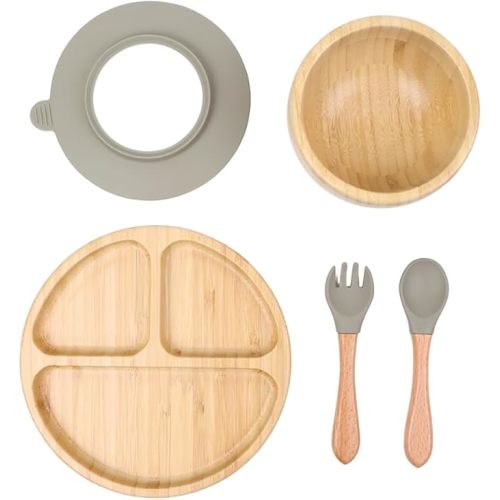 Bamboo Toddler Plate & Bowl Set with Strong Suction – Includes Plate, Bowl, Spoon & Fork – Baby Plates with Suction for Baby Led Weaning, Kids Feeding Essentials, Non-Toxic & BPA Free
