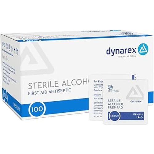 Dynarex DynaSafety Sterile Alcohol Prep Pads - Medium - 70% Isopropyl Alcohol, Individually Wrapped, Soft Cleaning Wipes - 100 per Box