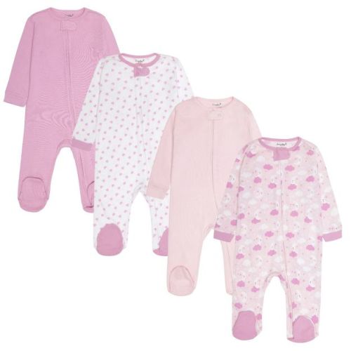 Everyday Kids 4-Pack Baby Girl Sleepers with Zippers – Soft Cotton Footed Pajamas in Pink Solids, Hearts, Moons, and Stars