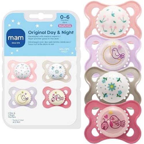 MAM Original Baby Pacifiers 0-6 Months, Binky for Newborn Babies, BPA-Free Skin Soft Silicone Nipple, Glows in The Dark, Developed with Medical Experts, 4 Pack, Made in Europe
