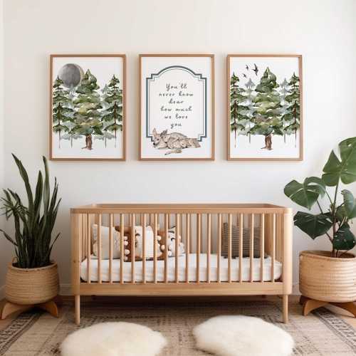 Deer Family Watercolor Nursery Prints: Woodland Pine Tree Set
