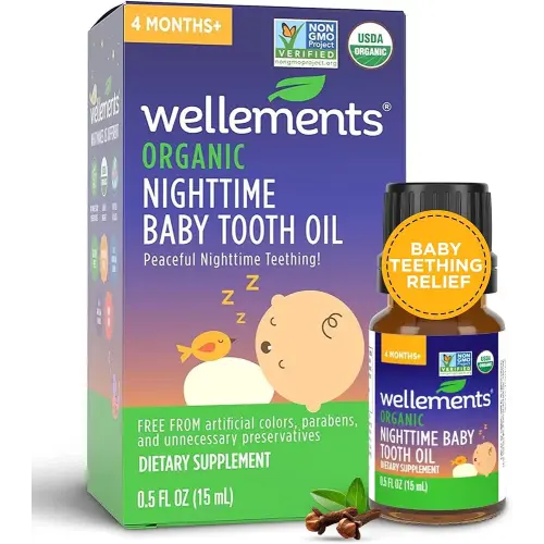 Wellements Organic Nighttime Baby Tooth Oil for 4 Months+ (0.5 Fl Oz) - Baby Teething Relief Oil* for Soothing & Massage for Tiny Gums* - Organic Blend of Essential Oils & Sleepy Time Herbs*