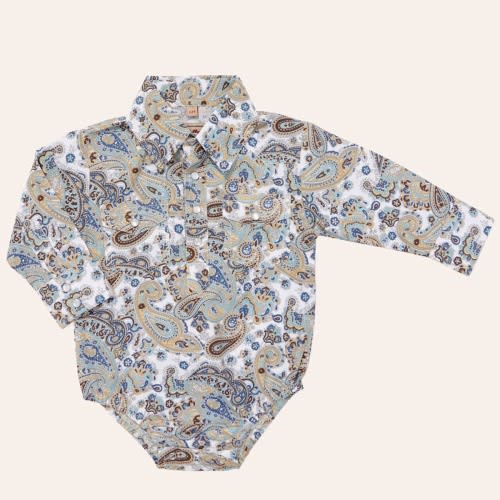 Rafter C Infant Boys' White Tan & Blue Paisley Print Long Sleeve Pearl Snap Western Onesie | Cavender's