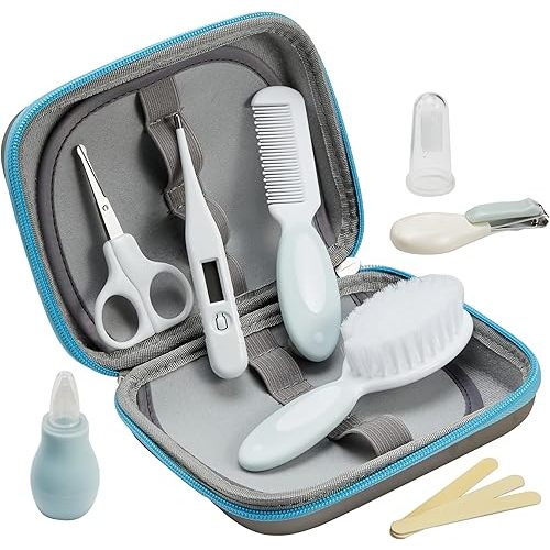 Little Angel Baby Grooming Kit,Baby Grooming Kit Newborn Care Set with Hair Brush Comb Finger Toothbrush Nasal Aspirator etc for Nursery Newborn Infant Toddlers Boys Girls(Blue)