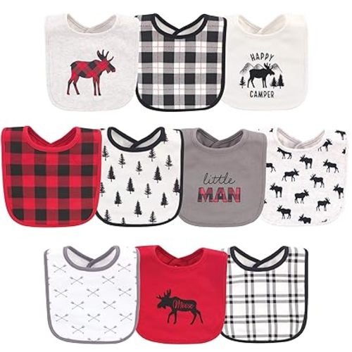 Hudson Baby Unisex Baby Cotton Bibs, Buffalo Plaid Moose, One Size