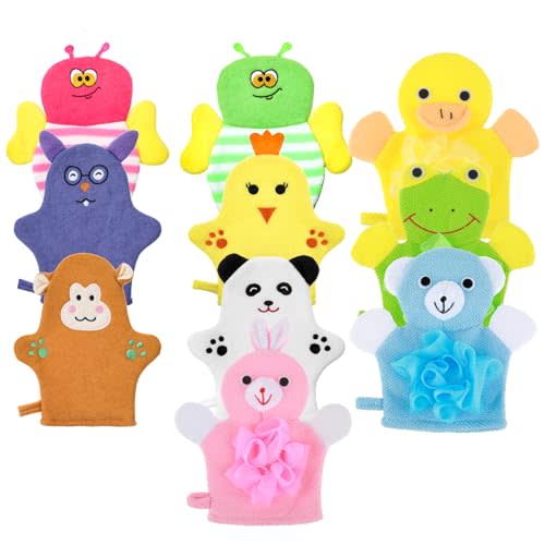 Sibba 10 Pcs Baby Bath Mitt Washcloths Gloves, Gentle Cute Exfoliating Wash Mitt Animal Pattern, Baby Mittens Bath Towel Glove Soft Scrub Toddler Wash Cloths Body Scrubber Bathing Loofah Infant Gloves