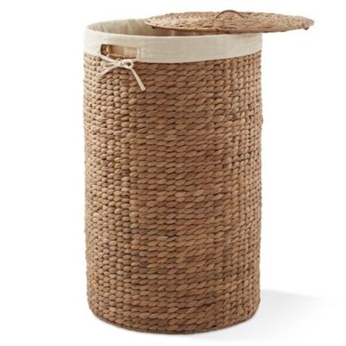 Casafield Round Laundry Hamper with Lid and Removable Liner Bag - Cinnamon Brown, Woven Water Hyacinth Laundry Basket for Clothes