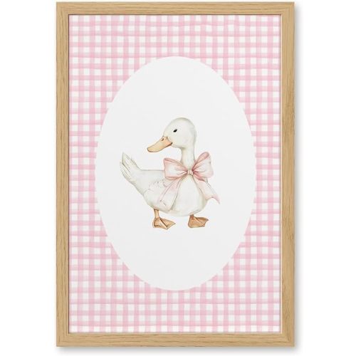 Duck Gingham Pink Girls Nursery Poster Cottagecore Frame Canvas Wall Art Living Room Aesthetic Home Decor Bedroom Decoration Gift Posters Wood color pvc frame12x16inch