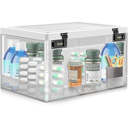 Extra Large Lock Box for Medication Safe, Medicine Lockable Storage Box with Code, Phone Lock Boxes for Video Games, Box with Combination Lock for Snacks/Food, Locking Cabinet for Home/Office (Clear)