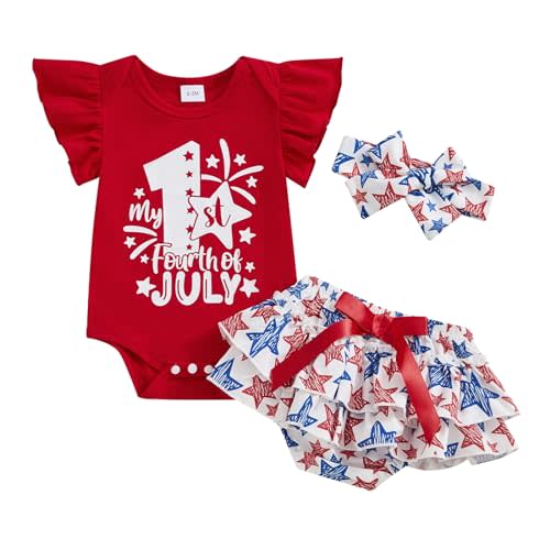 Amnnchya 4th of July Baby Girl Outfits First Independence Day Fly Sleeve Romper Stars Shorts My 1st Fourth of July Outfit