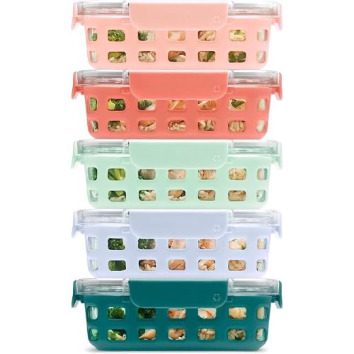 Ello Duraglass 3.4 Cup Meal Prep Sets 10Pc, 5 Pack Set- Glass Food Storage Container with Silicone Sleeve and Airtight BPA-Free Plastic Lids, Dishwasher, Microwave, and Freezer Safe, Melon