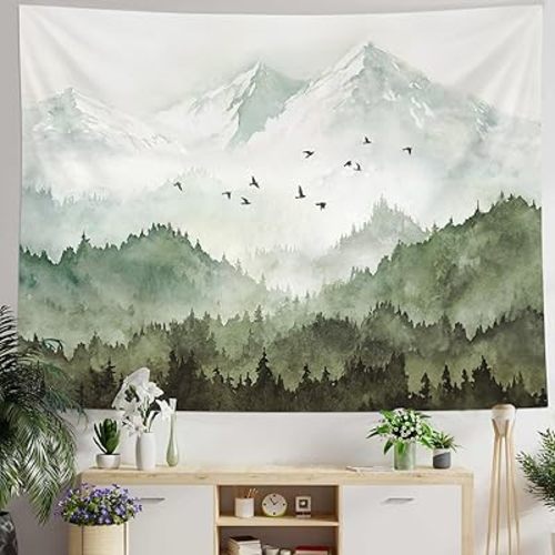 kampdream Mountain Forest Tapestry, Misty Foggy Sage Green Tree Landscape Watercolor Art Wall Tapestries, Nature Scenery Tapestry for Bedroom Living Room Backdrop 44×60 inch