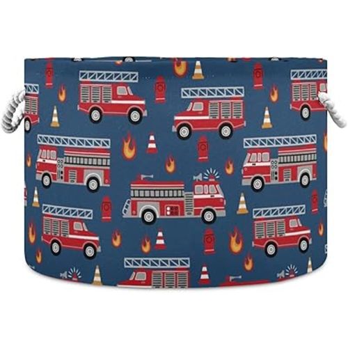 Fire Trucks Print Round Storage Basket Red Fire Fighting Supplies Large Laundry Hamper 20 x 20 x 14 Inches Organizer Bin with Handles Clothes Storage Bag for Nursery Bedroom Living Room Decor