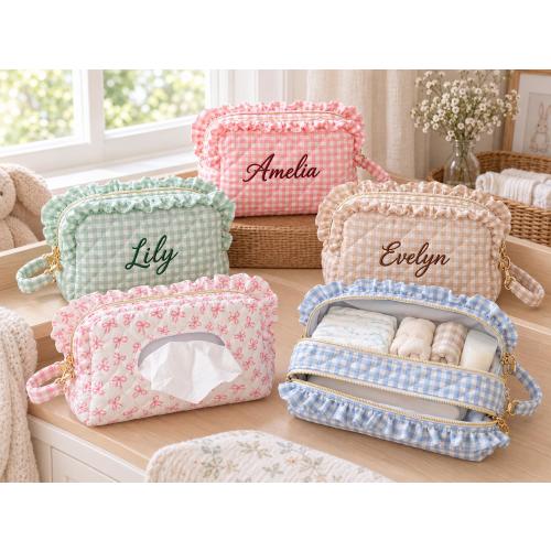 Personalized Baby Wipes Holder, Embroidered Gingham Ruffle Pouch, Custom Name Diaper Bag Accessory