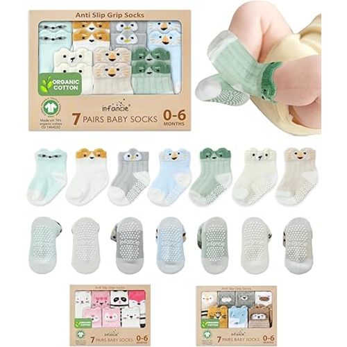 Organic Cotton GOTS Certified Non-Slip Baby Socks 0-6 Months - 7 Pairs Soft Breathable Newborn Socks Animal Design For Infant