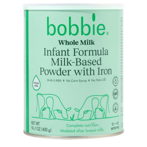 Bobbie Whole Milk, Grass Fed Baby Formula with Iron, Plant Based DHA and ARA, Vitamin D and Protein Blend Modeled After Breast Milk, For Newborn Baby to 12 Month Old, 14.1 oz