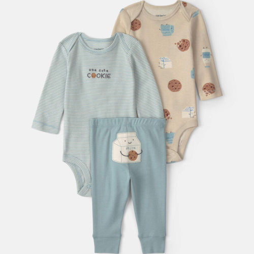 Baby Boy 3-Piece Milk & Cookies Long-Sleeve Bodysuit & Pant Set - Blue/Cream | Carter’s Oshkosh Canada