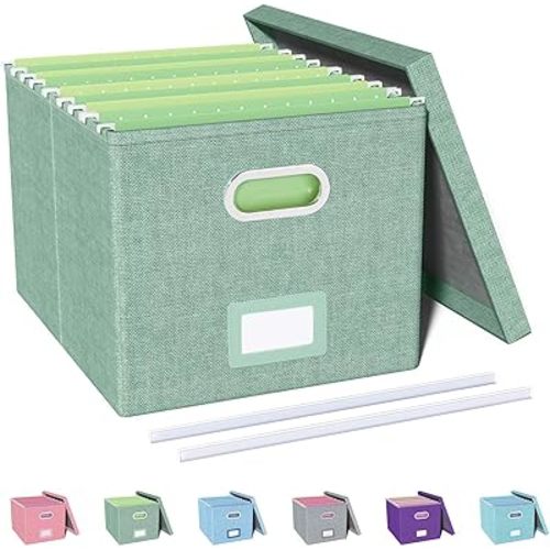 Oterri File Organizer, File Box, File Cabinet for Letter File Folder Storage, Portable Storage Bins with Lids for Office/Decor/Home,Document Organizer, 1 Pack,Green-Box Only