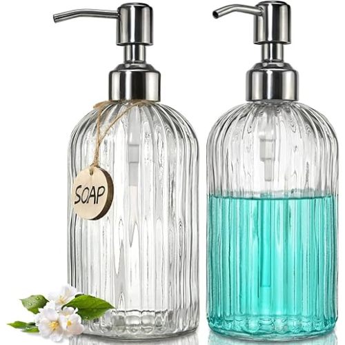 JASAI 2PACK 18 Oz Glass Soap Dispenser with Rust Proof Stainless Steel Pump, Refillable Hand Soap Dispenser with Vertical Stripe, Premium Bathroom soap Dispenser for Kitchen & Bathroom