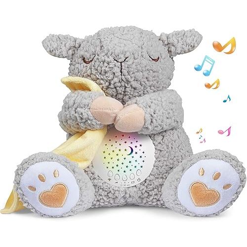 BEREST Baby White Noise Machine Stuffed Animal Toy, Mom's Heartbeat Lullabies Sheep Sleep Soother, Nursery Decor Night Light Projector, Toddler Crib Sleeping Aid, Babies Shower Gifts Portable
