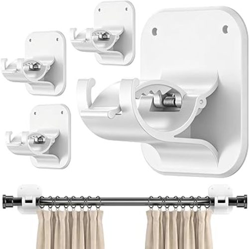 No Drill Curtain Rod Brackets - 20LB, 4 Pack Self Adhesive Curtain Rod Holder, Peel and Stick Wall Hooks, Renter Friendly Upgrades for Apartment, Kitchen, Bathroom, Dorm, Living Room and RV