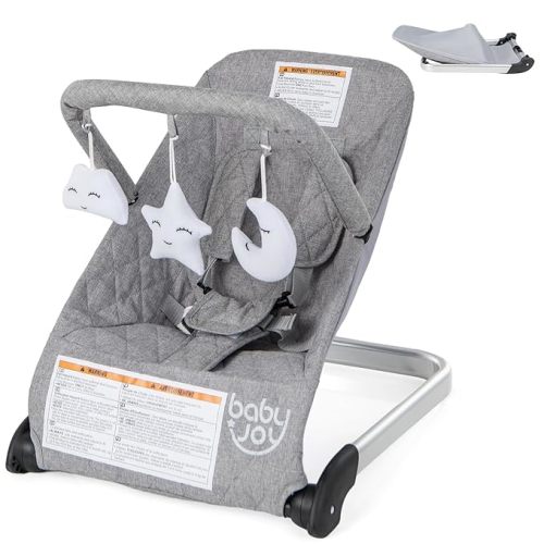 BABY JOY Baby Bouncer, Foldable Baby Bouncer Seat with 5-Point Safety Harness, Removable Fabric Cover & 3 Plush Toys, Portable Infant Bouncer for Babies 0-6 Months (Grey)