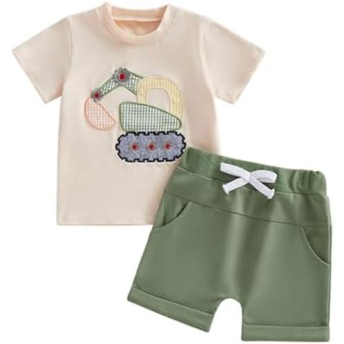 FOCUSNORM Toddler Baby Boy Summer Clothes Excavator Embroidery Short Sleeve T-Shirt Elastic Waist Shorts Set 2 Piece Outfit