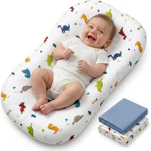 Infant Support Mat, 2 Pack Muslin Cotton Cover, Supportive Tummy Time Mat for Supervised Awake Use, Lightweight Portable Baby Activity Pad (0-24 Months), Blue-Gray & Animal