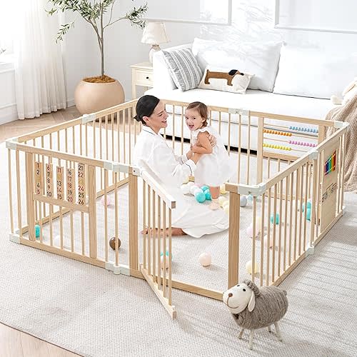 Foldable Wooden Baby Playpen with Gate, Adjustable Size and Shape, Portable Play Yard Play Area & Activity Center for Infants and Toddlers (57x57x24inches)