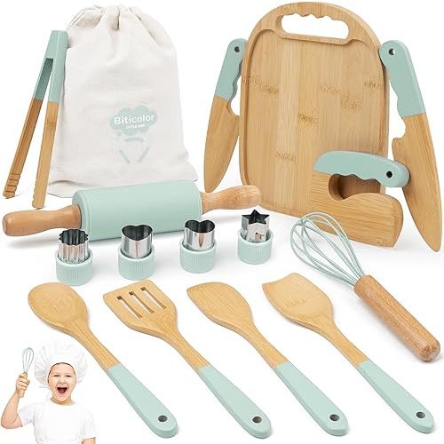 Wooden Kids Cooking Set Montessori Kit - Real Toddler Kitchen Tools & Baking Utensils - 15PCS Cooking Kit for Kids with Storage Bag, Great Gift for Pretend Play & Montessori Learning (Green)