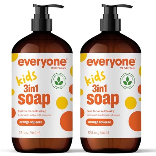 Everyone 3-in-1 Kids Soap, Body Wash, Bubble Bath, Shampoo, 32 Ounce (Pack of 2), Orange Squeeze, Coconut Cleanser with Organic Plant Extracts and Pure Essential Oils (Packaging May Vary)