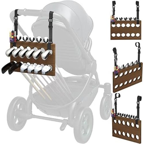 Golf Stroller Attachment – Universal Golf Club Holder for Strollers, Acacia Wood, 12 Slots, 5 Ball Holders & Removable Tee Case – Portable, Easy Setup, Gift for Golf-Loving Parents