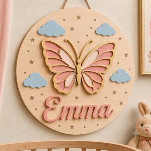 Butterfly Name Sign for Nursery, Personalized Wooden Baby Girl Decor, Elegant 3D Name Plaque, Layered Butterfly Wall Sign