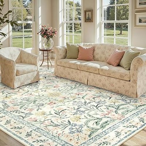 Lahome Boho Rugs for Living Room, Washable Large 8 x 10 Area Rugs for Bedroom Non Slip, Soft Ultra-Thin Distressed Floral Throw Carpet for Office Dining Room, Cream/Multi