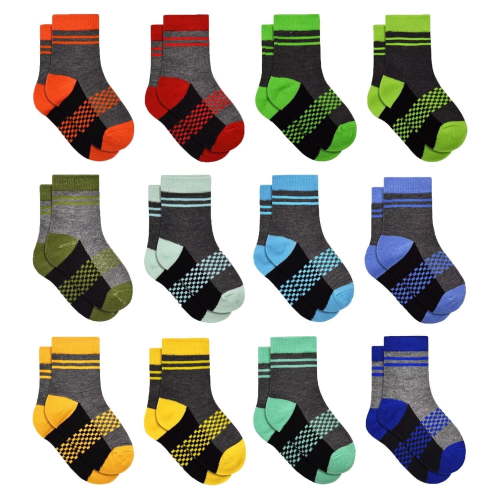 12 Pairs Boys Crew Socks Novelty Plaid Kids Elastic Mid Cut Toddler Socks for Boy Girls(2-14T)