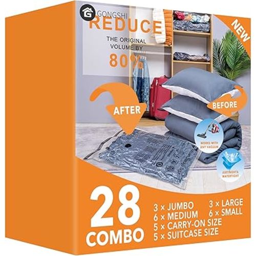 28 Pack Vacuum Seal Bags For Clothing,(3 Jumbo, 3 Large, 6 Medium, 6 Small, 5 Travel roll up bags,5 small Travel roll up bags) Space Saver Bag for Clothes, Blanket, Duvets, Pillows, Comforters