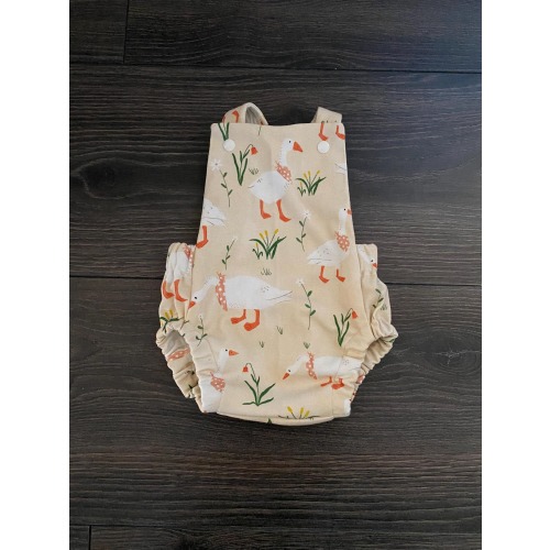Organic Cotton Baby Romper: Spring Goose Print, Cross Back Design
