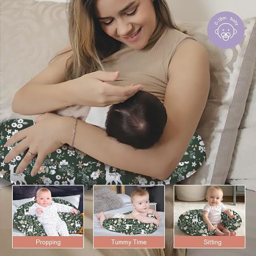 Little Grape Land Nursing Pillow for Infants, Breastfeeding Pillows, Baby Support Pillow for Nursing, Bottle Feeding, Tummy Time with Machine Washable Cover & Breathable Filling (Forest Deer)