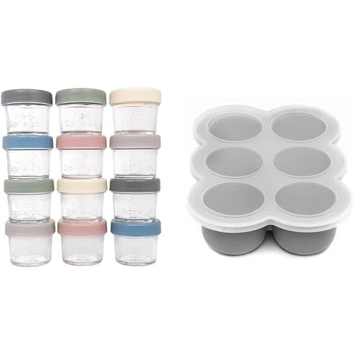 WeeSprout Baby Meal Prep Bundle - Glass Baby Food Storage Jars Containers with Plastic Lids & Silicone Freezer Tray - Microwave, Freezer & Dishwasher Safe - for Baby Food & Breast Milk