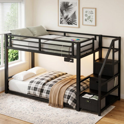 Latitude Run® Twin Over Twin Bunk Bed with Storage Stairs, Metal Bunk Bed Frame with LED Light and Charging Station & Reviews | Wayfair