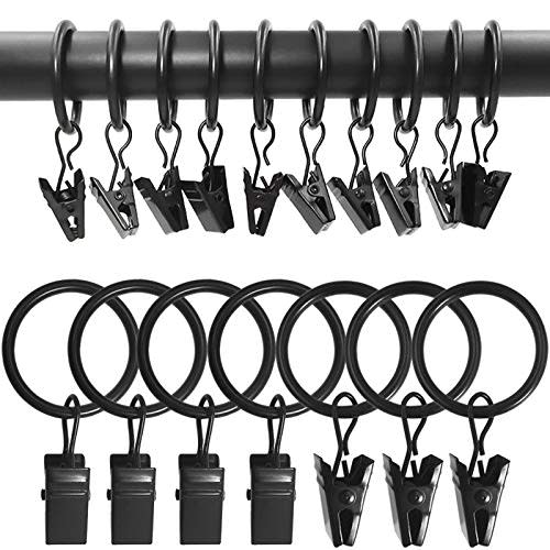 100 Pack Metal Curtain Rings with Clips, Drapery Clips with Rings, Drapes Rings 1 inch Inner Diameter, Fits Diameter 5/8 inch Curtain Rods, Black